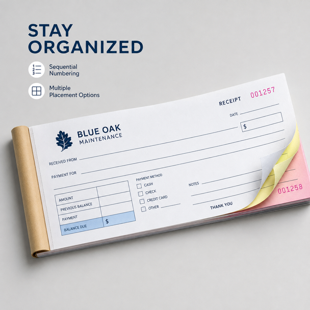Custom 2.83 x 7 pocket carbonless NCR money receipt book with manila wrap cover