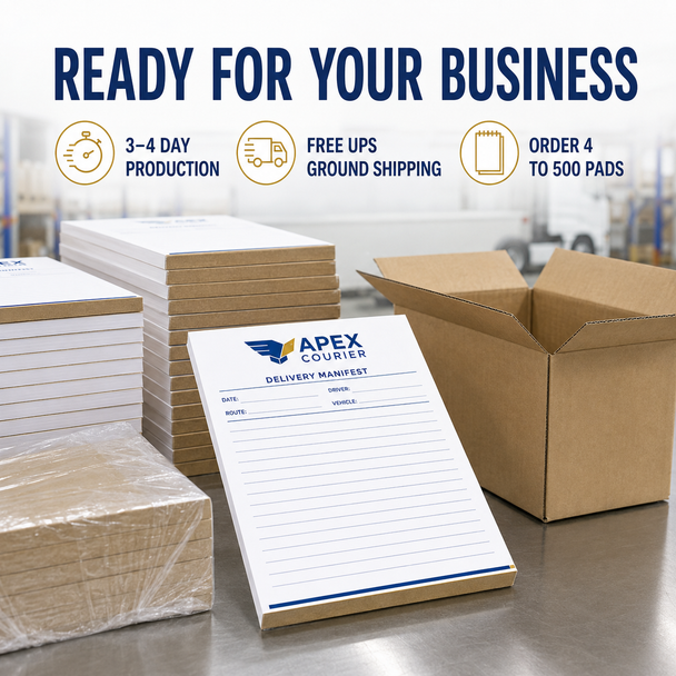 Heavy brown chipboard backing and glued top edge binding on 5.5 x 8.5 NCR pad