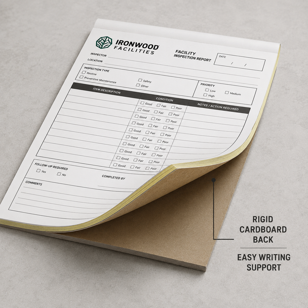Heavy brown chipboard backing and secure glued edge binding on NCR notepad