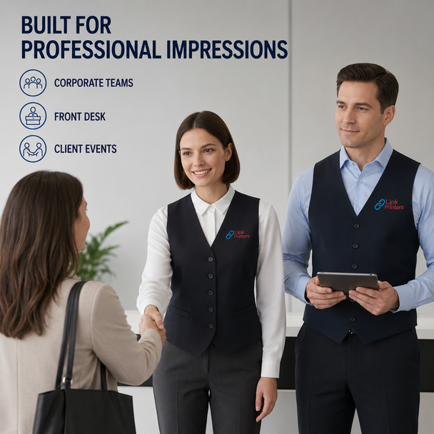 Customer-facing corporate team wearing professional embroidered men’s and ladies’ dress vests.