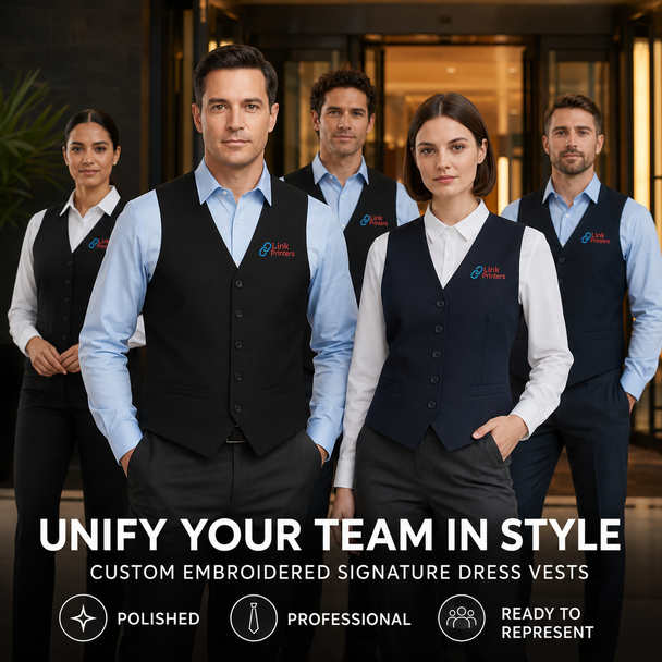 Hospitality team wearing coordinated embroidered Signature dress vests in an upscale interior.