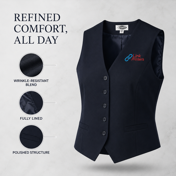 Navy high-button dress vest highlighting wrinkle-resistant fabric, full lining, and polished structure