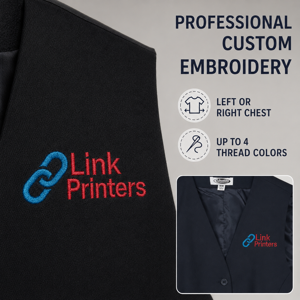 Close-up of colorful Link Printers logo embroidered on a black professional dress vest