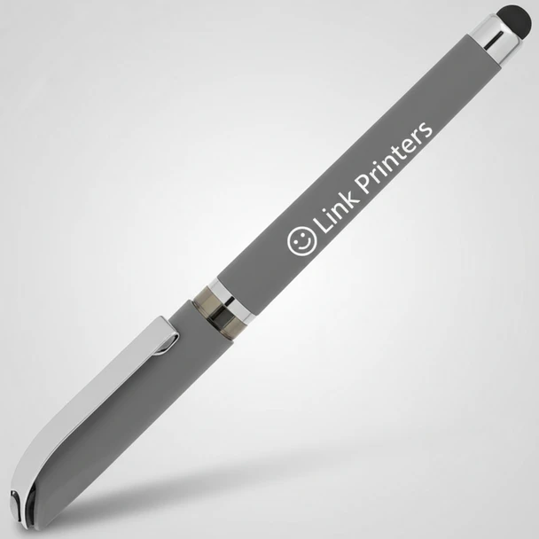 Rubberized comfortable grip and chrome accents on custom branded gel pen