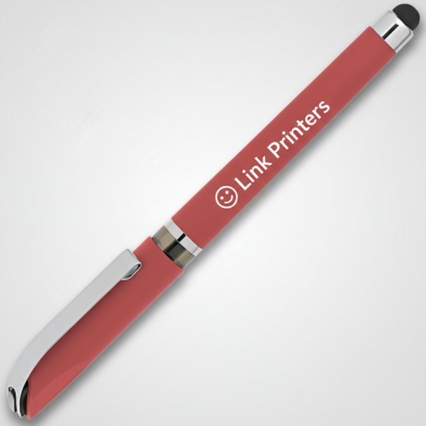 Rubberized comfortable grip and chrome accents on custom branded gel pen