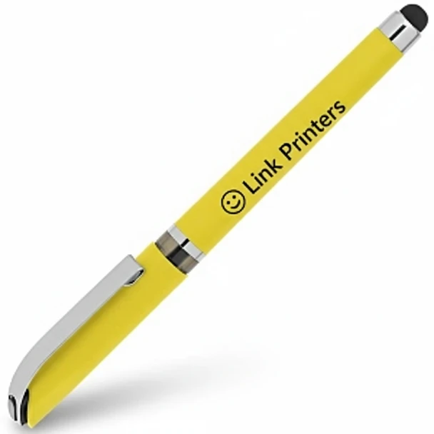 Rubberized comfortable grip and chrome accents on custom branded gel pen