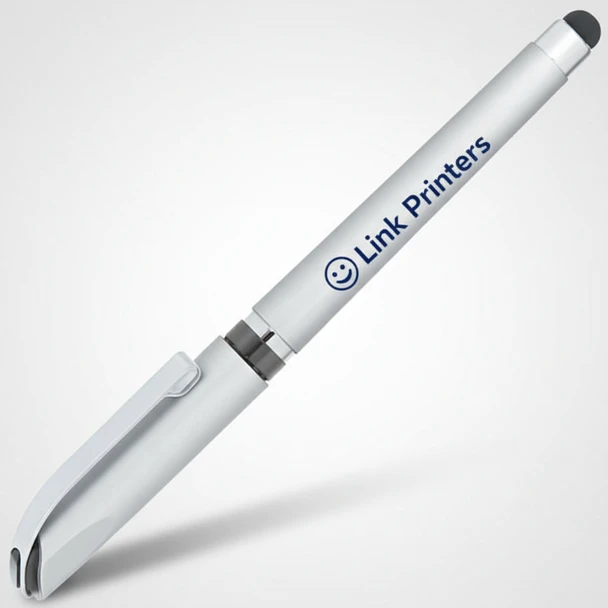 Soft touch rubberized stylus tip on custom promotional gel pen for tablets