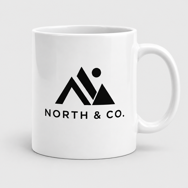 White 11 oz ceramic mug customized with a black North & Co. logo.