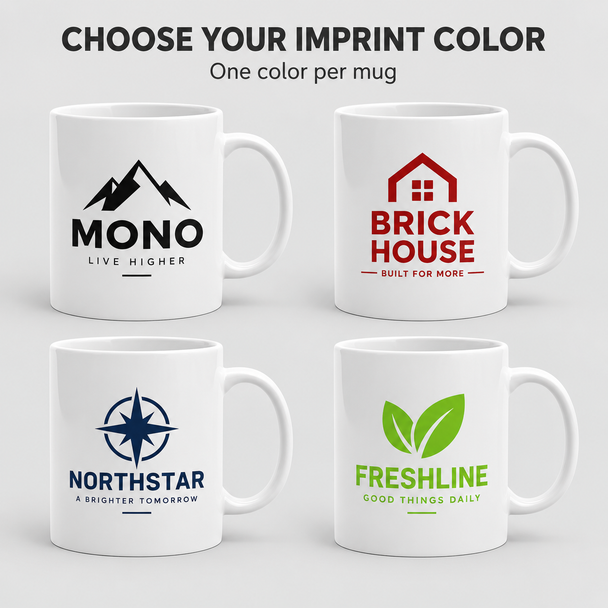 Four white promotional mugs showing black, red, navy, and green one-color logo imprints