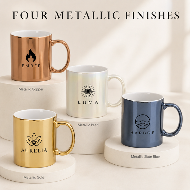 Four branded metallic mugs displayed in copper, pearl, gold, and slate blue finishes with contrasting white interiors.