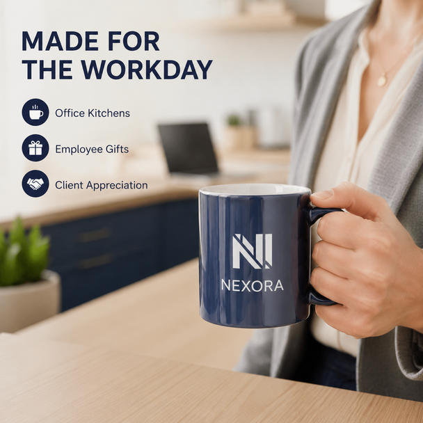 Person holding a custom slate blue metallic mug in an office, promoting it for employee gifts and client appreciation.