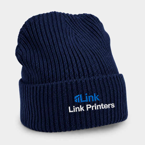 Navy heavyweight rib-knit Night Watch beanie with a folded cuff and custom Link Printers embroidery