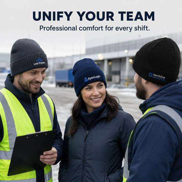 Outdoor work team wearing coordinated custom embroidered Night Watch beanies in navy, black, and graphite.