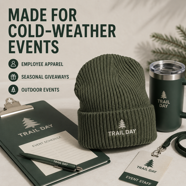 Olive green embroidered beanie displayed with branded materials for employee apparel and cold-weather events.