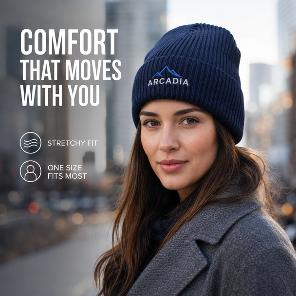 Woman wearing a navy custom embroidered beanie with a stretchable one-size-fits-most design.