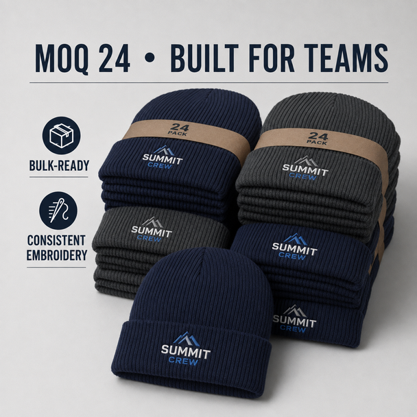 Bulk order of custom embroidered Night Watch beanies prepared for teams with a minimum quantity of 24.