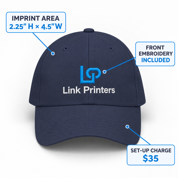 Navy custom embroidered cap showing 4.5-inch by 2.25-inch front imprint area