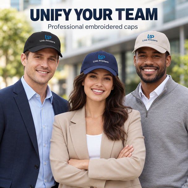 Professional team wearing custom embroidered cotton twill caps in navy, black, and natural colors