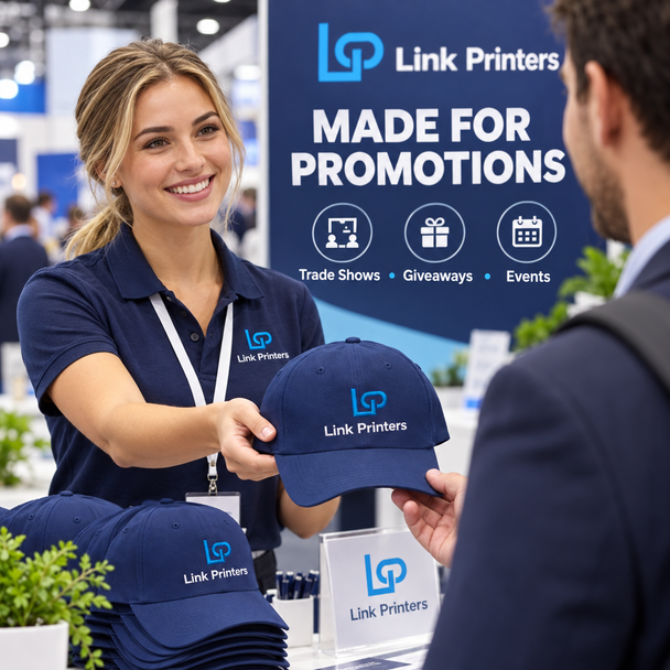 Branded embroidered caps for trade shows, promotional giveaways, and corporate events