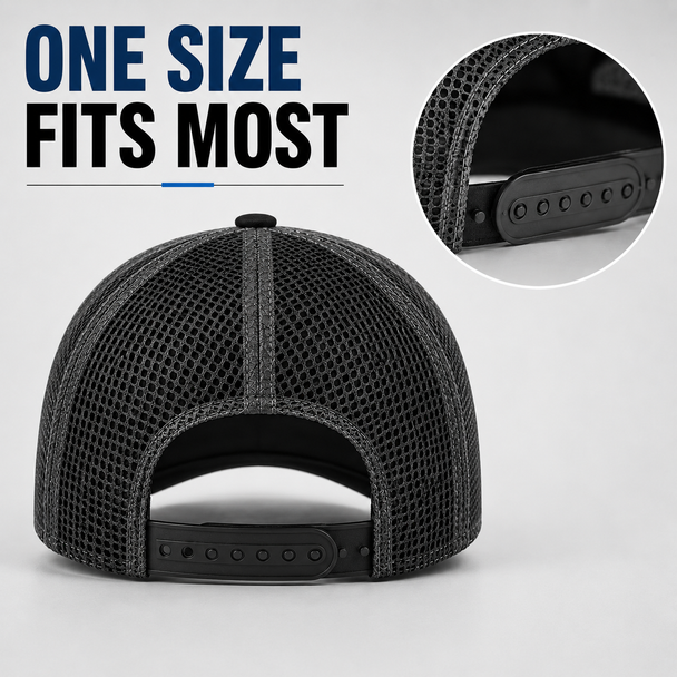 Rear view of a breathable meshback trucker cap with an adjustable plastic snapback closure.