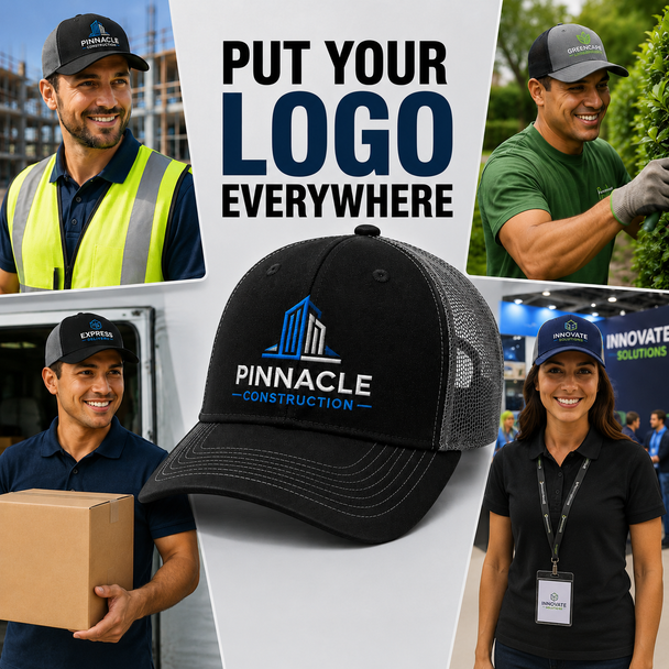 Custom logo meshback caps worn by construction, landscaping, delivery, and trade-show professionals.