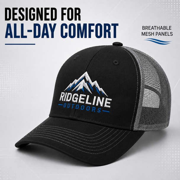 Black and gray embroidered trucker hat featuring breathable mesh panels for all-day comfort.