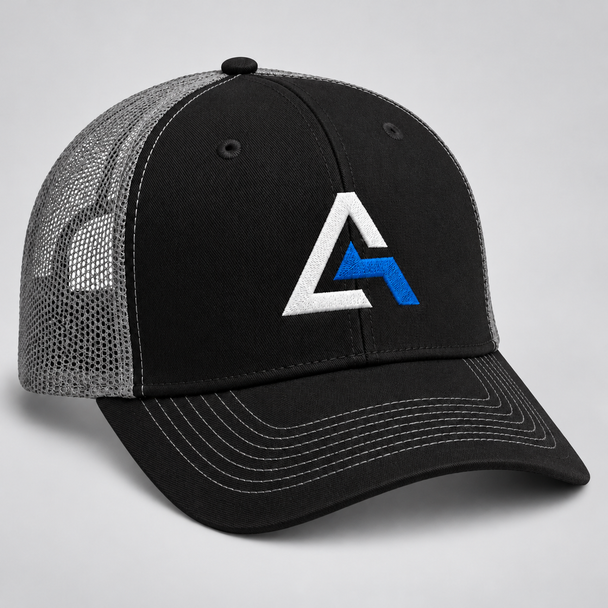 Black and gray colorblocked meshback cap with blue and white custom embroidered logo.