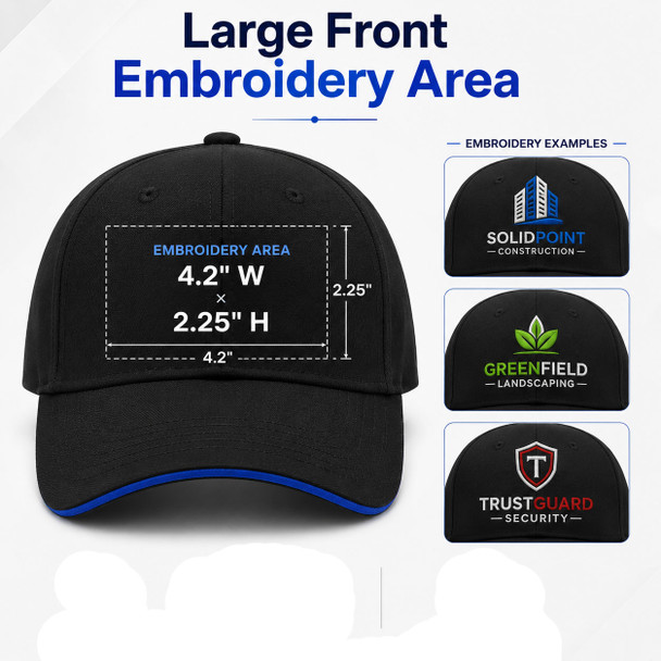 Front embroidery area measuring 4.2 inches wide by 2.25 inches high with logo examples.