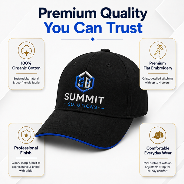 Premium organic cotton twill cap featuring four-color flat embroidery and an adjustable mid-profile fit.