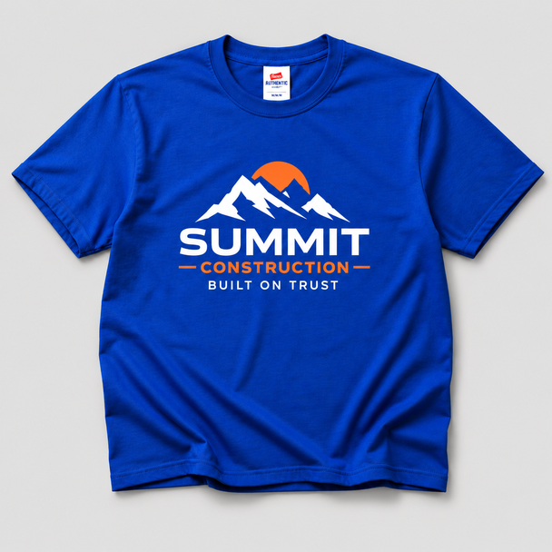 Royal blue Hanes T-shirt screen printed with a Summit Construction logo in white and orange