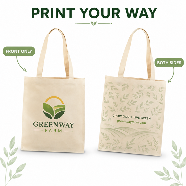Natural cotton tote bags demonstrating full-color front-only and both-sides custom printing options.