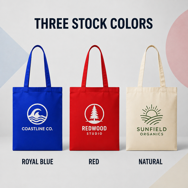 Royal blue, red, and natural custom tote bags displaying printed logos and the three available stock colors