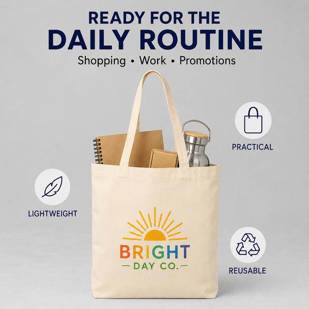 Natural lightweight tote bag with a colorful Bright Day Co. logo, holding notebooks and a reusable bottle.