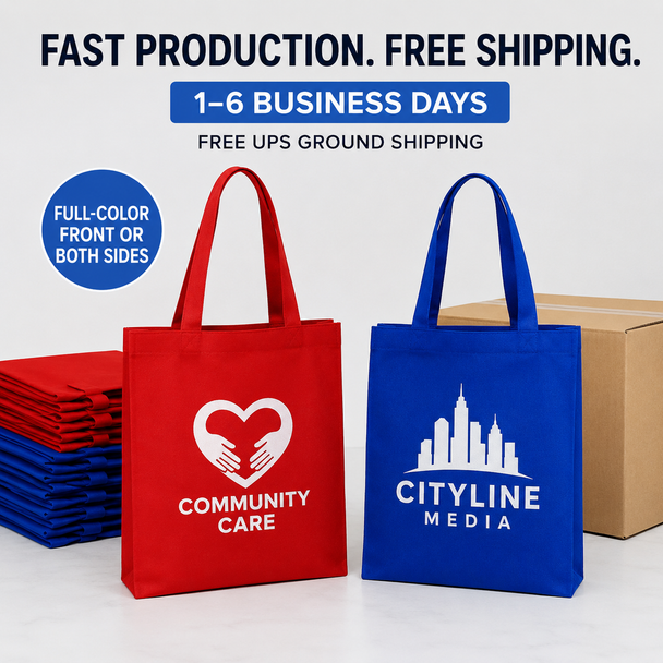 Red and royal blue custom tote bags with printed organization logos, promoting full-color printing and fast production.