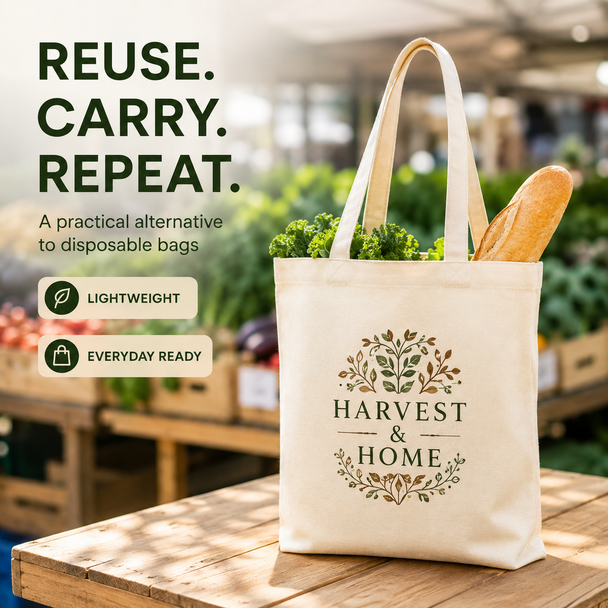 Natural reusable tote bag filled with kale and bread at a market, featuring a Harvest & Home logo.
