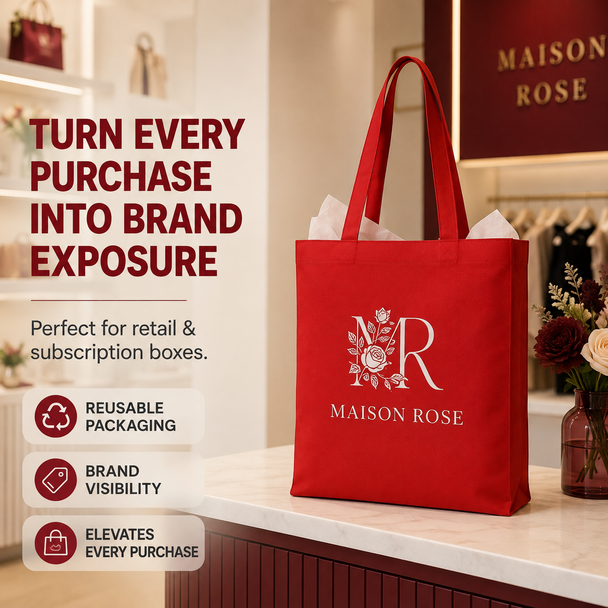 Red custom tote bag with a Maison Rose logo displayed as reusable branded packaging in a retail boutique.