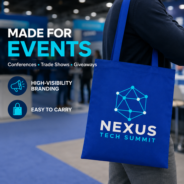 Person carrying a royal blue custom tote bag printed with a Nexus Tech Summit logo at a trade show.