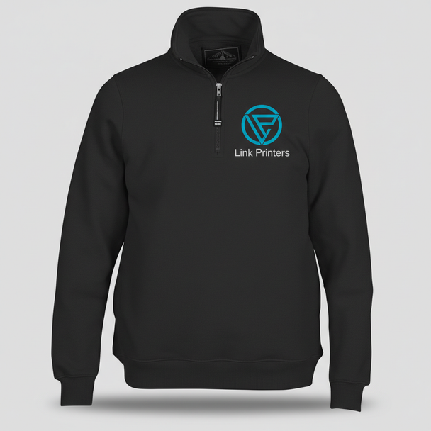 Men’s SummitShield quarter-zip fleece sweatshirt with stand-up collar, side pockets, rib-knit cuffs and waistband, and custom left chest embroidery.