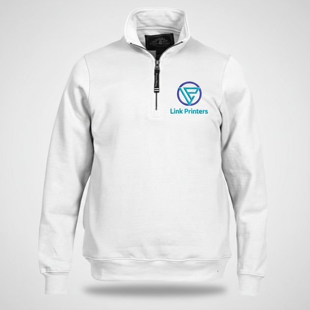 Men’s SummitShield quarter-zip fleece sweatshirt with stand-up collar, side pockets, rib-knit cuffs and waistband, and custom left chest embroidery.