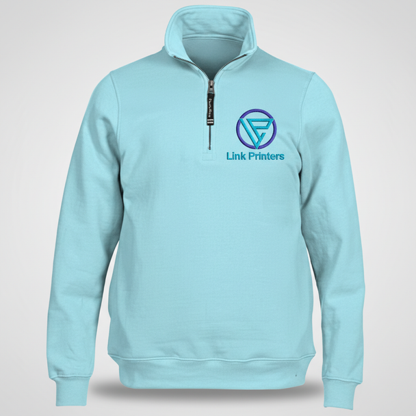 Men’s SummitShield quarter-zip fleece sweatshirt with stand-up collar, side pockets, rib-knit cuffs and waistband, and custom left chest embroidery.