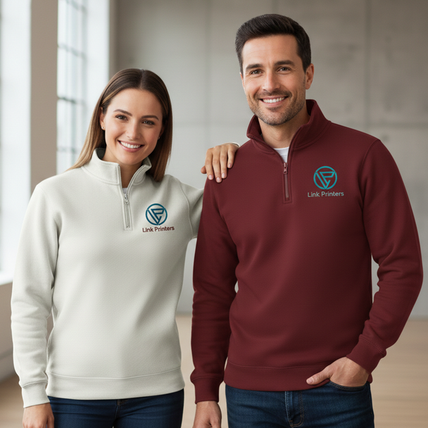 Men’s SummitShield quarter-zip fleece sweatshirt with stand-up collar, side pockets, rib-knit cuffs and waistband, and custom left chest embroidery.