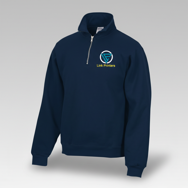 HeritageBlend 9.5-oz quarter-zip fleece sweatshirt with self-fabric stand-up collar, rib-knit cuffs and waistband, and custom embroidered logo on left chest.