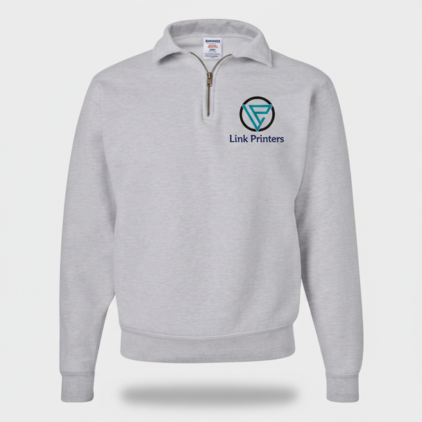 HeritageBlend 9.5-oz quarter-zip fleece sweatshirt with self-fabric stand-up collar, rib-knit cuffs and waistband, and custom embroidered logo on left chest.