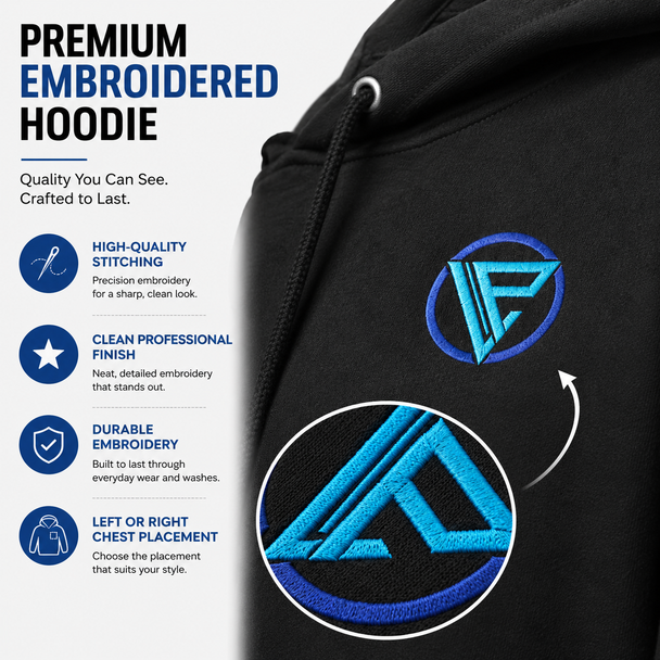 CoreSoft fleece hoodie with front pocket, matching drawstrings, and custom chest embroidery in pill-resistant cotton polyester fabric.