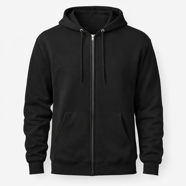 FlexZip full-zip fleece hoodie with YKK metal zipper, front pockets, matching drawcords, and custom chest embroidery on soft cotton polyester fabric.