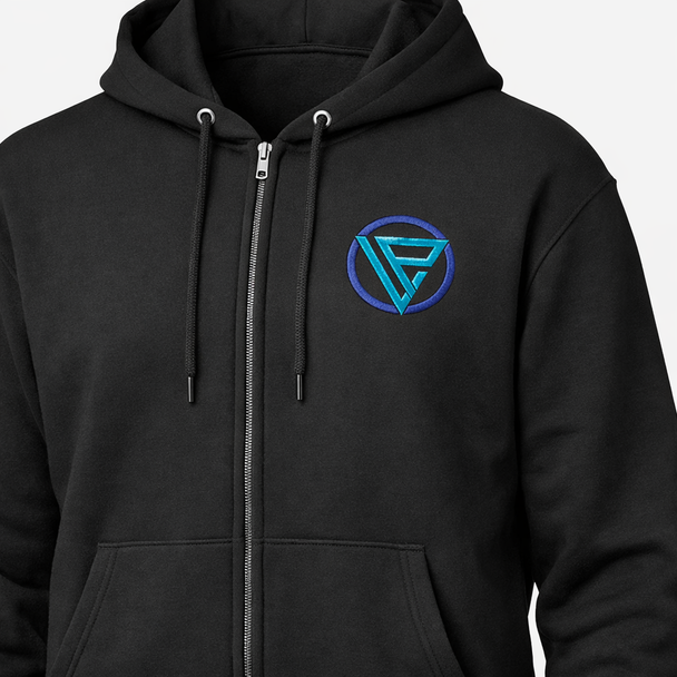 FlexZip full-zip fleece hoodie with YKK metal zipper, front pockets, matching drawcords, and custom chest embroidery on soft cotton polyester fabric.