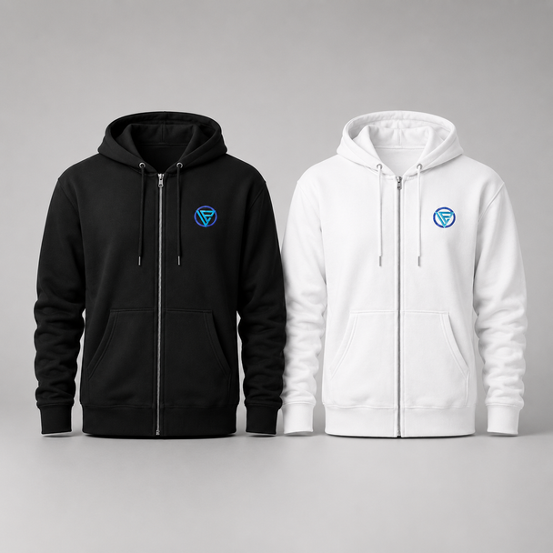 FlexZip full-zip fleece hoodie with YKK metal zipper, front pockets, matching drawcords, and custom chest embroidery on soft cotton polyester fabric.