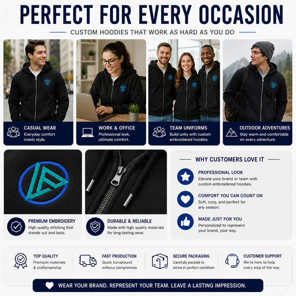 FlexZip full-zip fleece hoodie with YKK metal zipper, front pockets, matching drawcords, and custom chest embroidery on soft cotton polyester fabric.