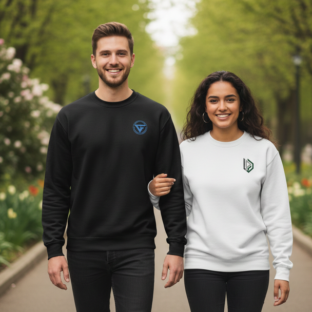 EverSoft crewneck fleece sweatshirt with ribbed collar and custom chest embroidery on soft pill-resistant cotton polyester fabric.