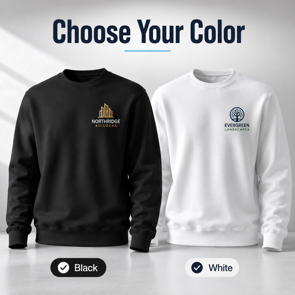 EverSoft crewneck fleece sweatshirt with ribbed collar and custom chest embroidery on soft pill-resistant cotton polyester fabric.